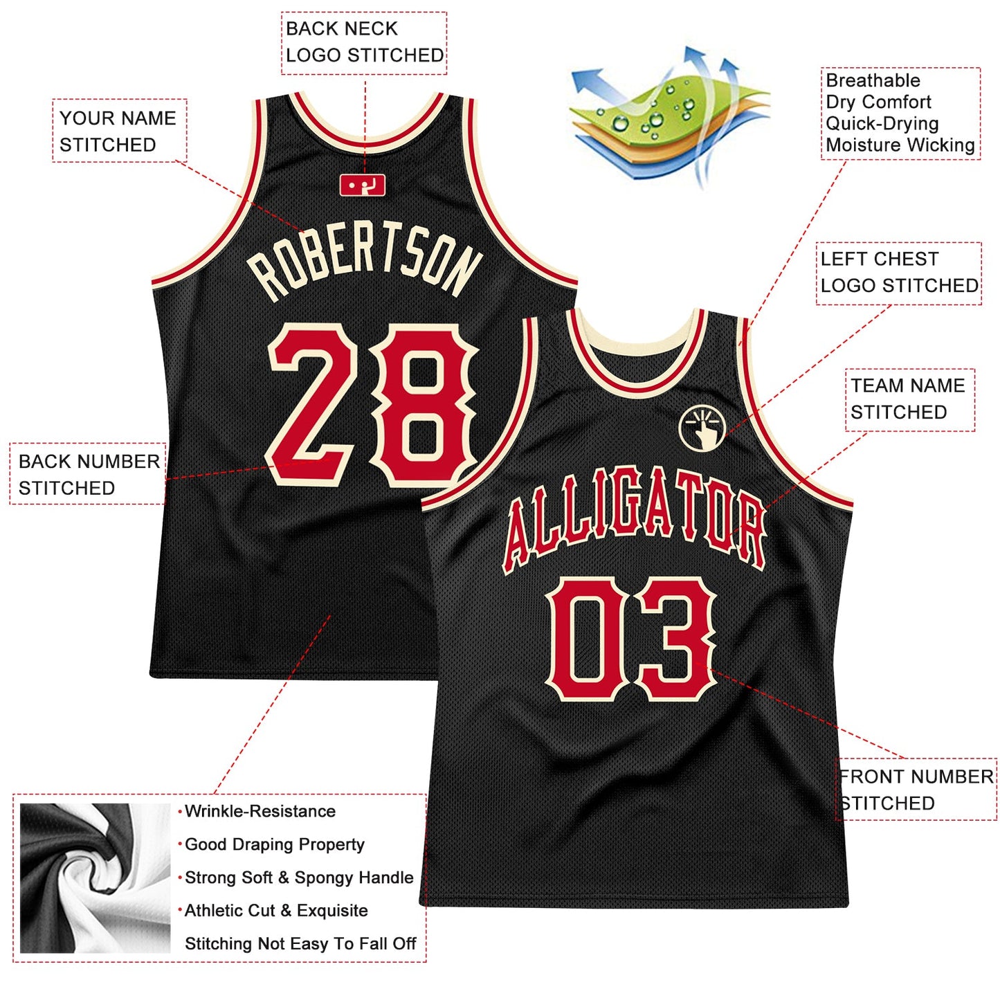 Custom Black Red-Cream Authentic Throwback Basketball Jersey view 2