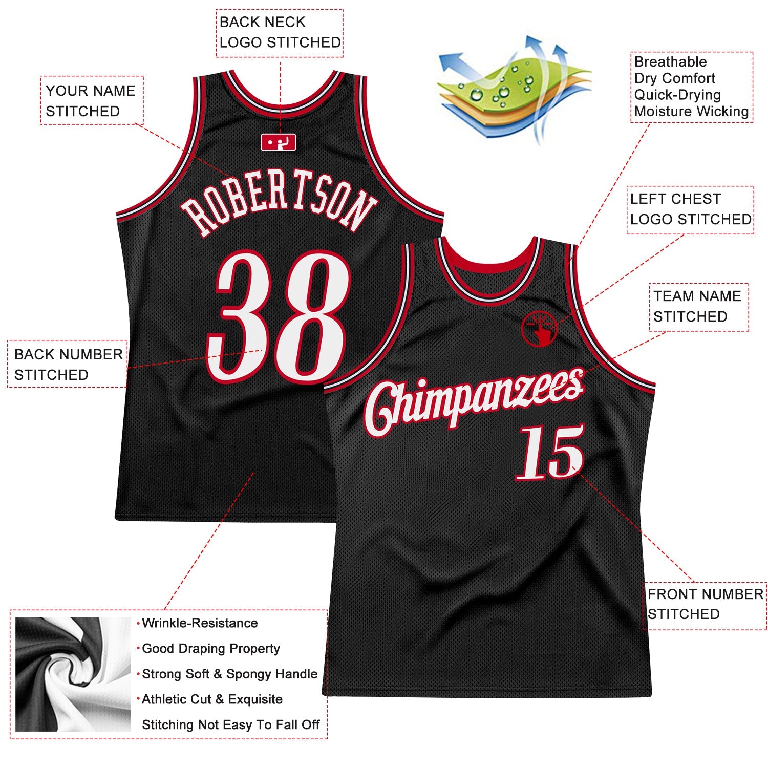 Custom Black White-Red Authentic Throwback Basketball Jersey view 2