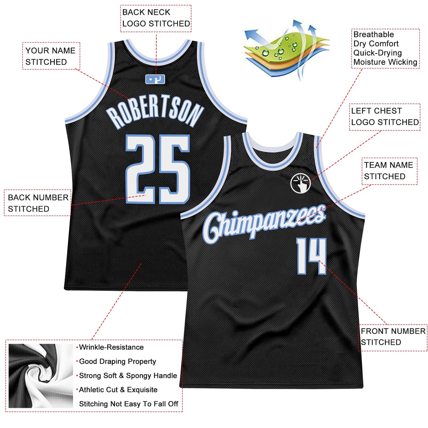 Custom Black White-Light Blue Authentic Throwback Basketball Jersey view 2