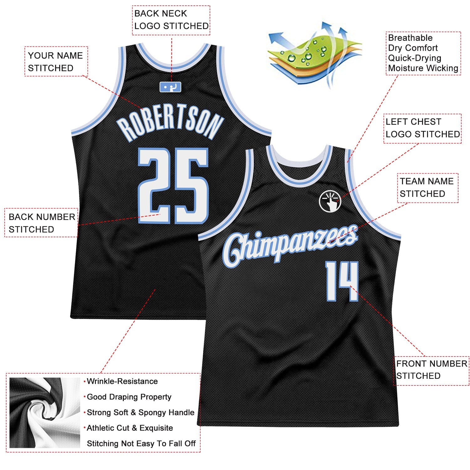 Custom Black White-Light Blue Authentic Throwback Basketball Jersey view 2