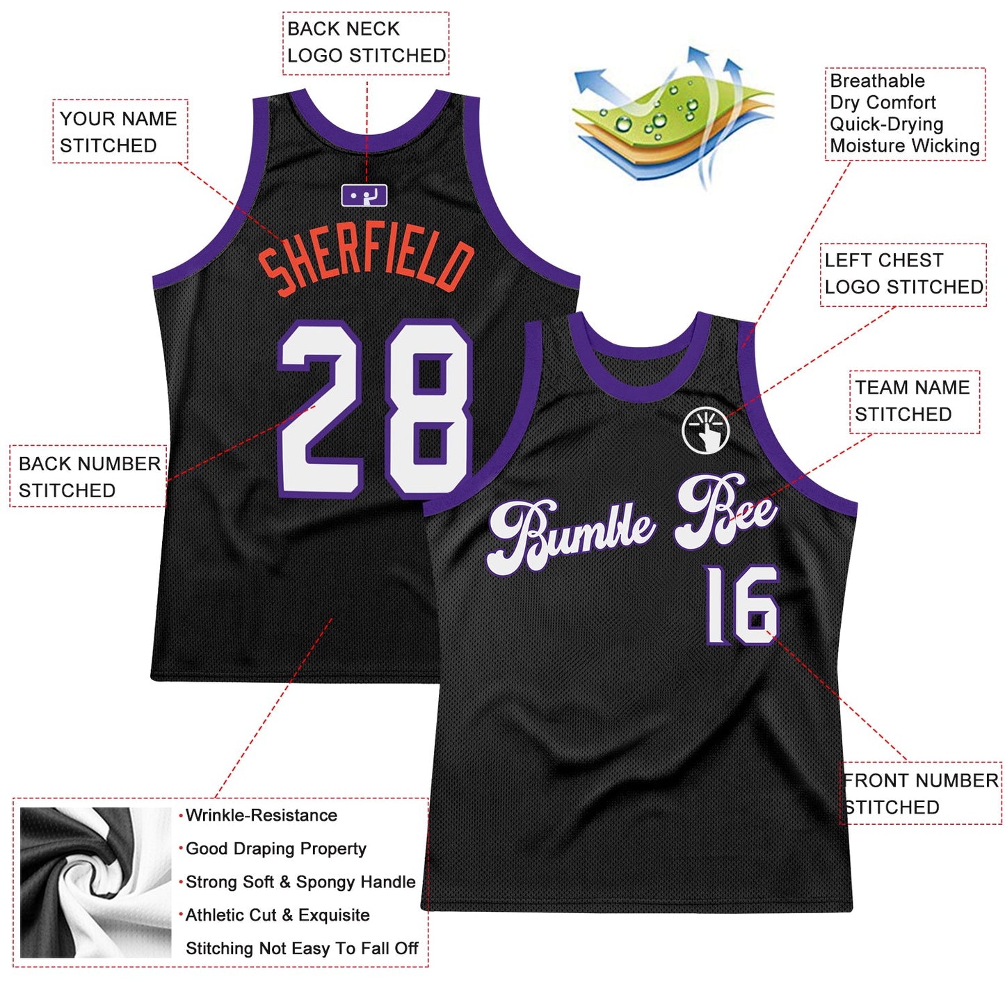 Custom Black White-Purple Authentic Throwback Basketball Jersey view 2