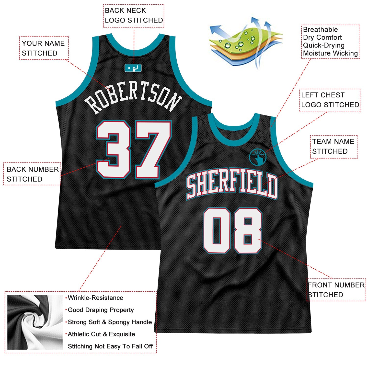Custom Black White-Teal Authentic Throwback Basketball Jersey view 2