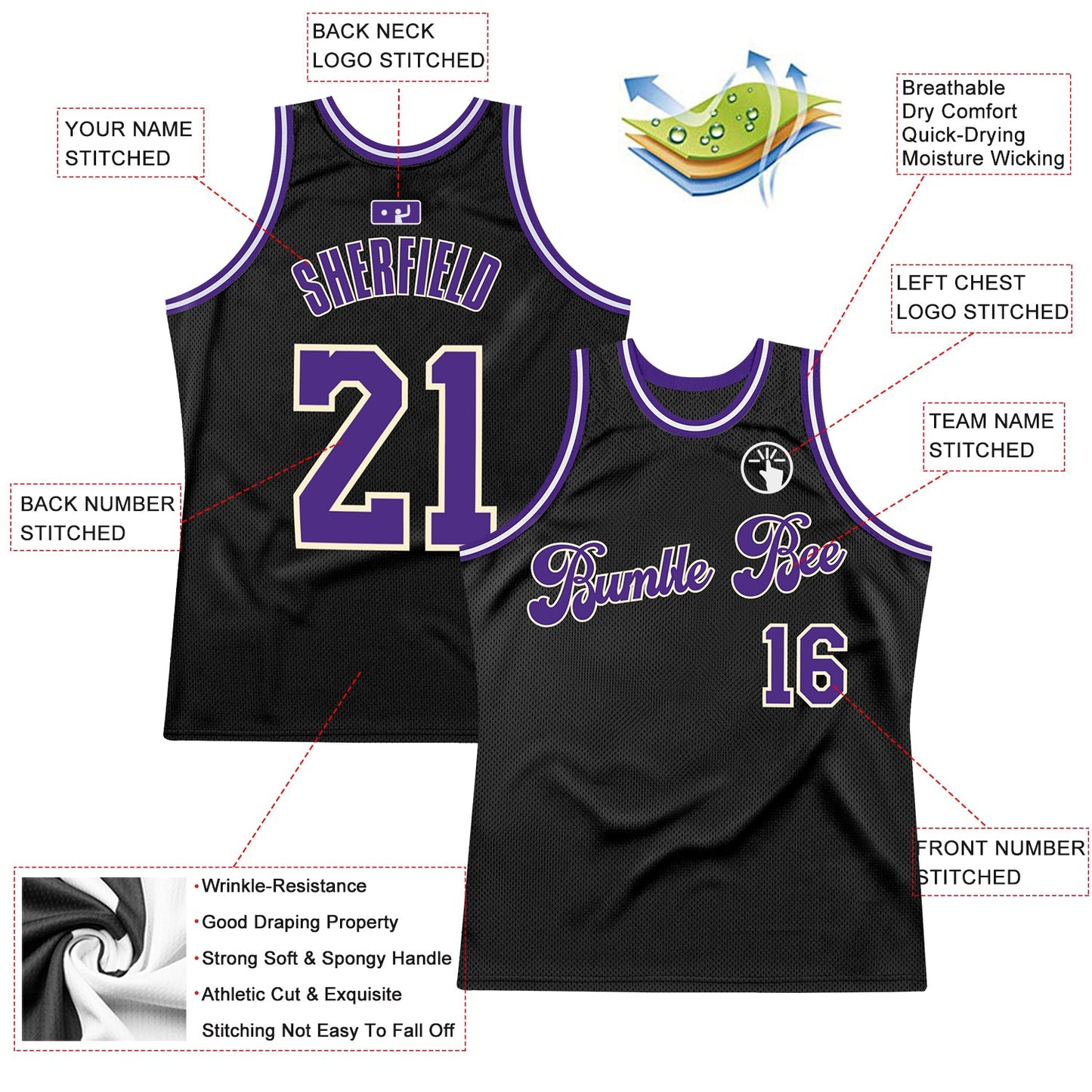 Custom Black Purple-Cream Authentic Throwback Basketball Jersey view 3