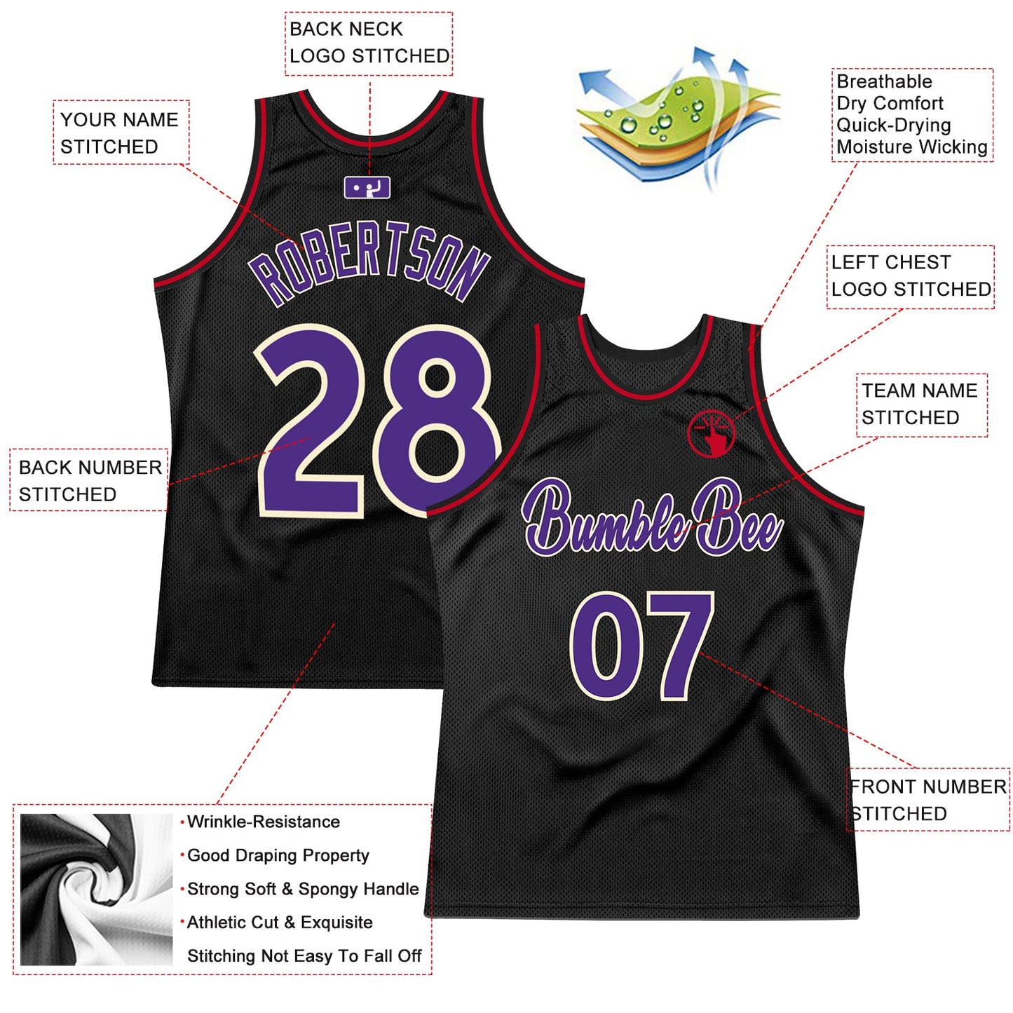 Custom Black Purple-Red Authentic Throwback Basketball Jersey view 2