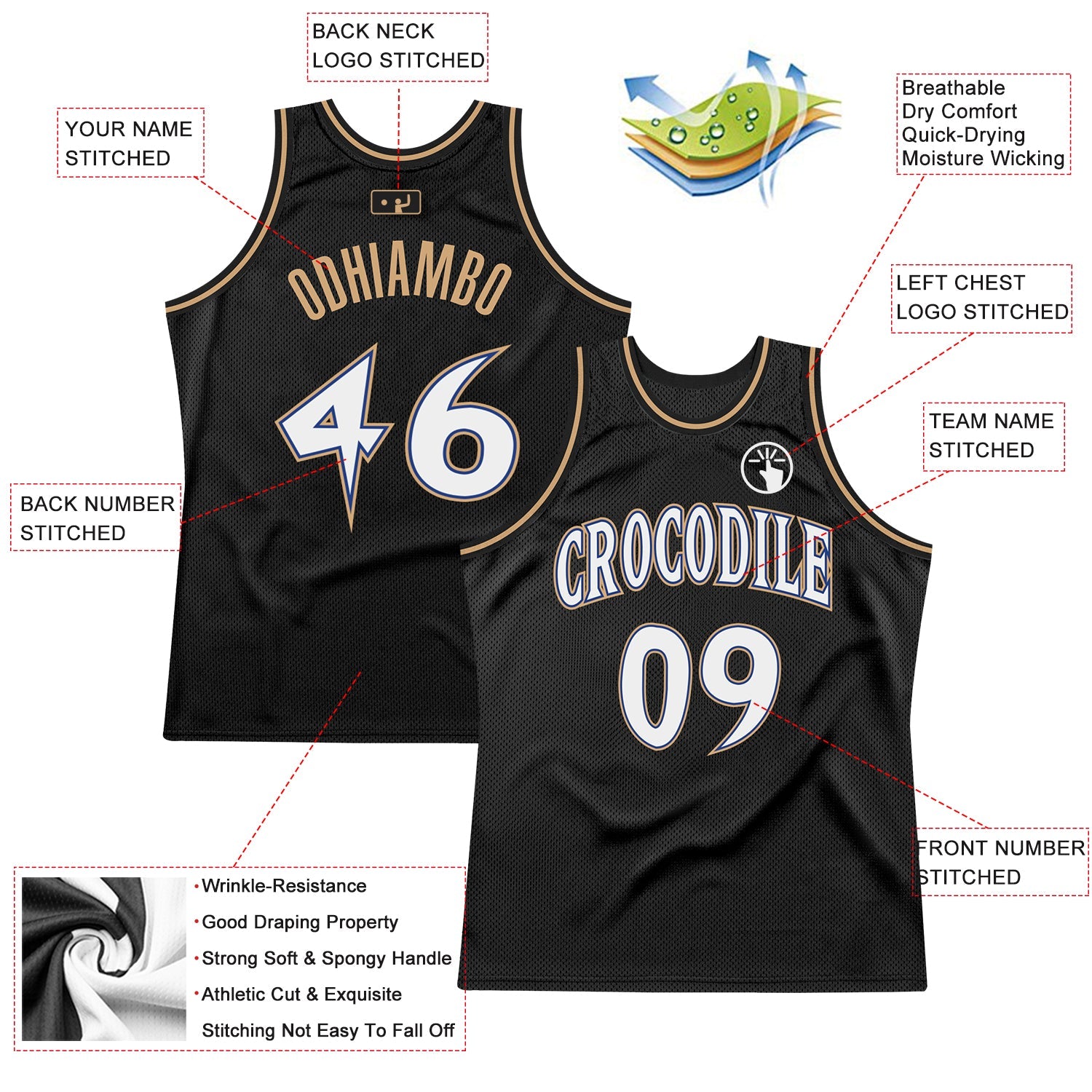 Custom Black White-Old Gold Authentic Throwback Basketball Jersey view 2