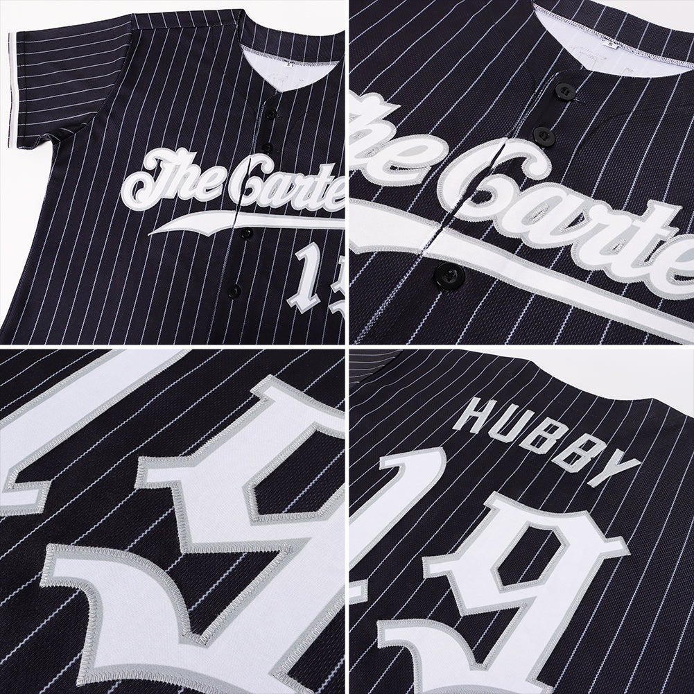 Custom Black Gray Pinstripe White-Gray Authentic Baseball Jersey view 6