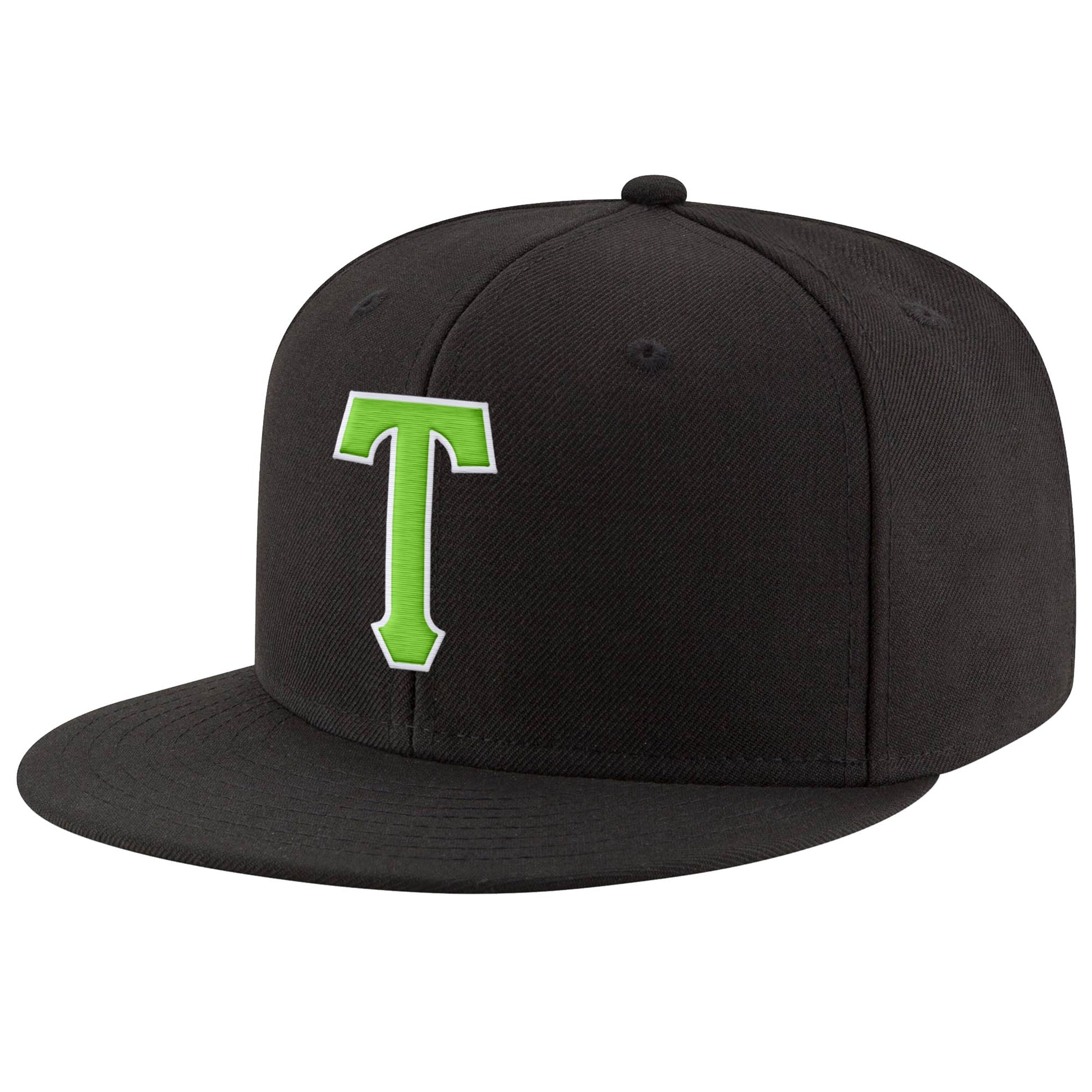 Custom Black Neon Green-White Stitched Adjustable Snapback Hat - Main View