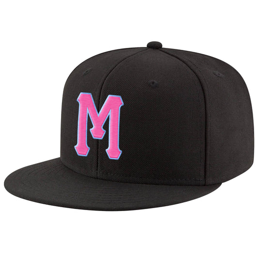 Custom Black Pink-Powder Blue Stitched Adjustable Snapback Hat - Main View