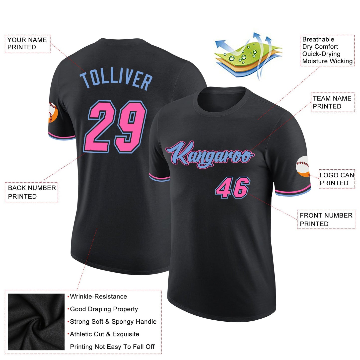 Custom Black Pink-Light Blue Performance T-Shirt view 2