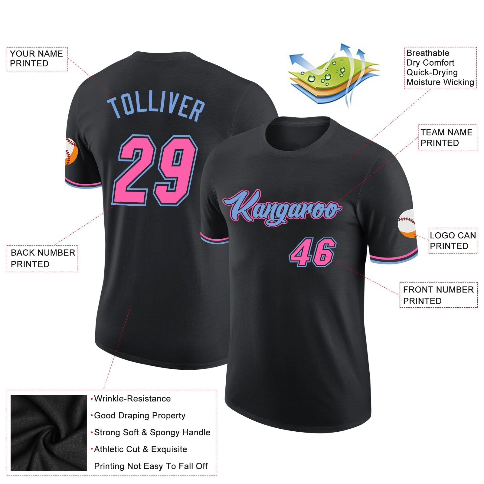 Custom Black Pink-Light Blue Performance T-Shirt view 2