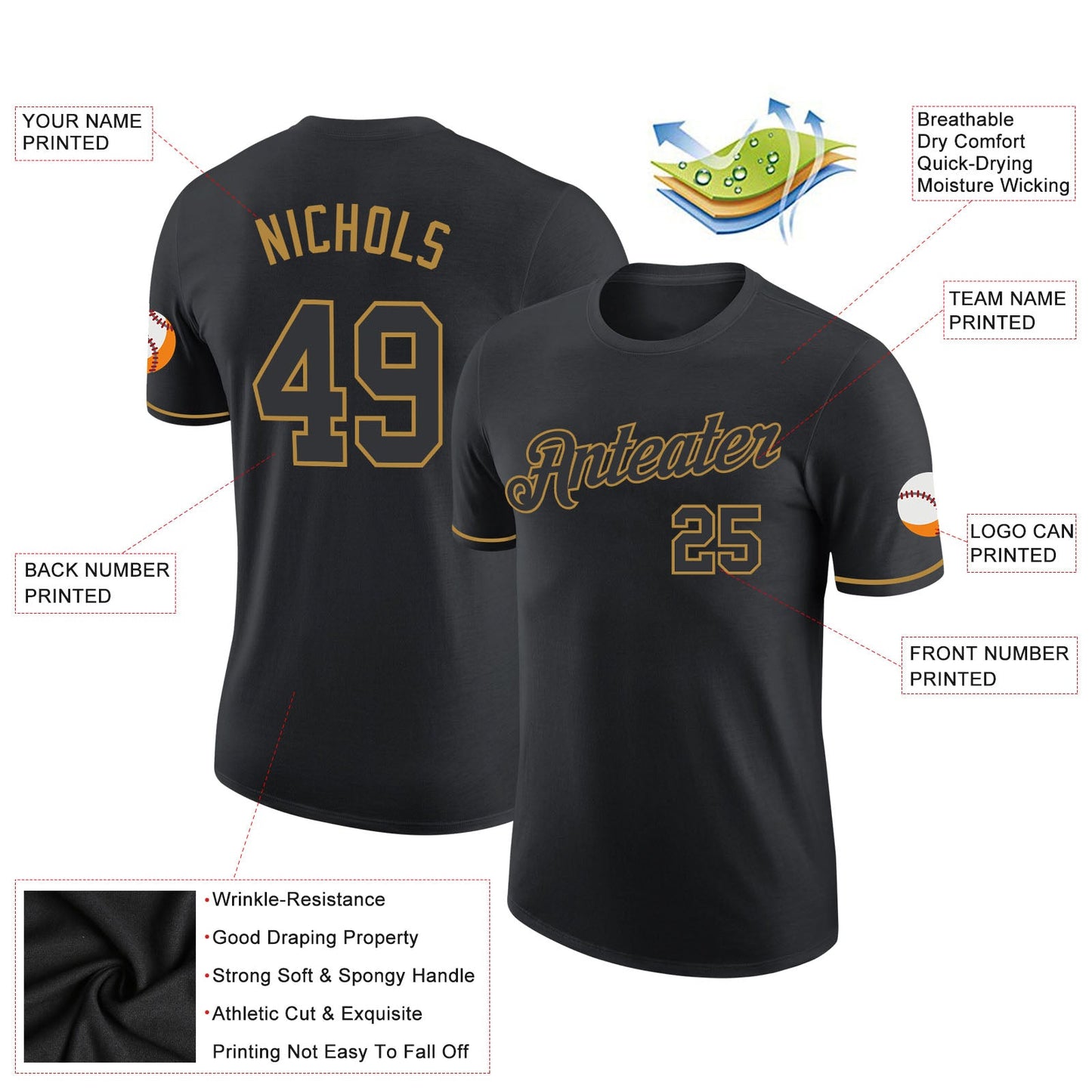 Custom Black Black-Old Gold Performance T-Shirt view 3