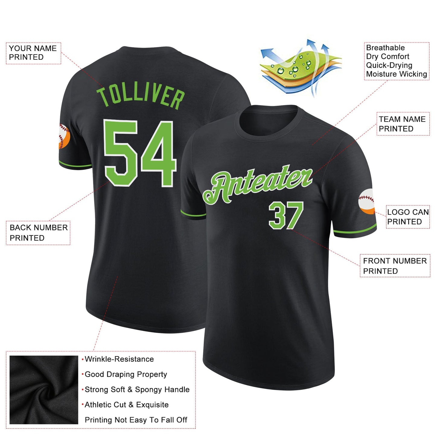 Custom Black Neon Green-White Performance T-Shirt view 2