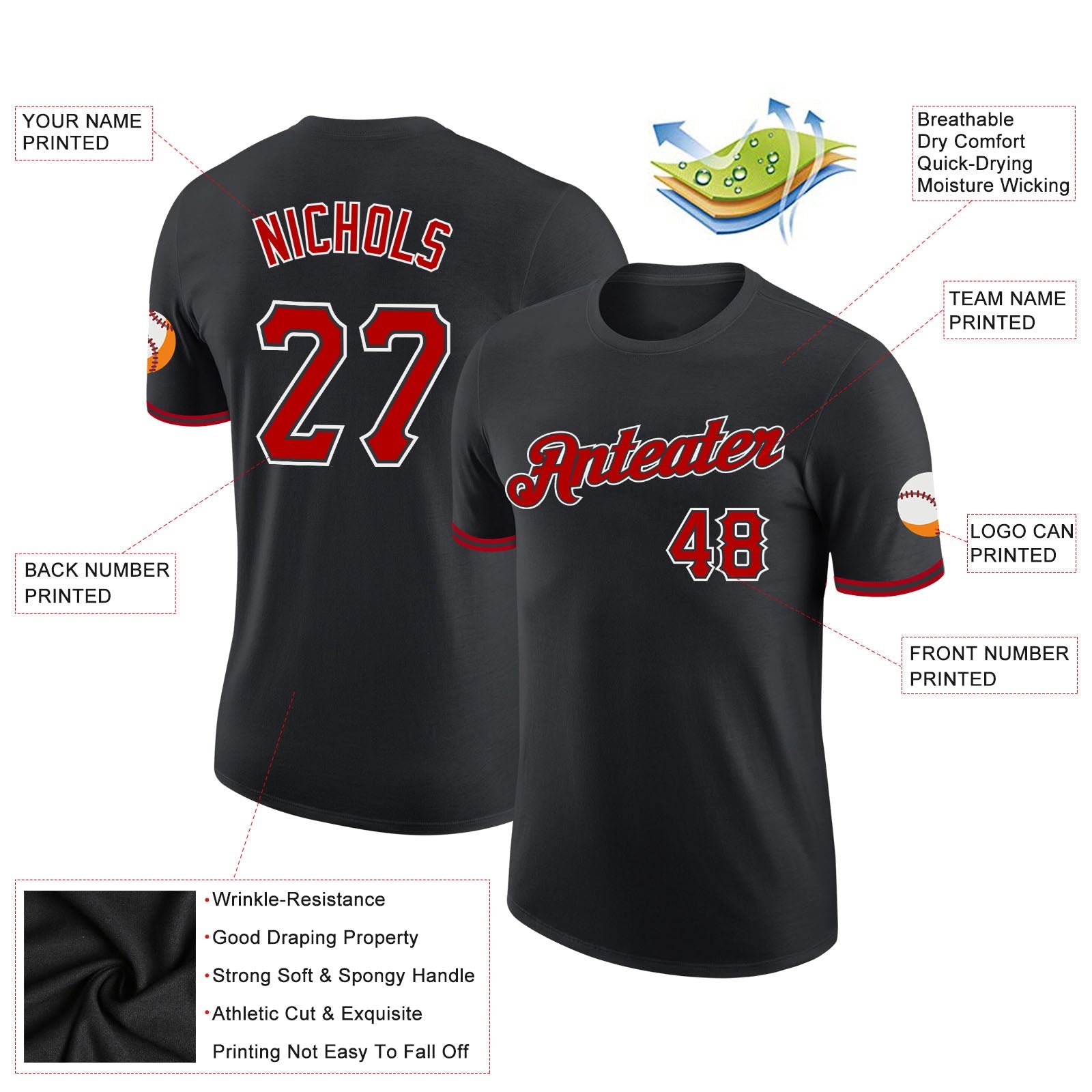 Custom Black Red-White Performance T-Shirt view 3