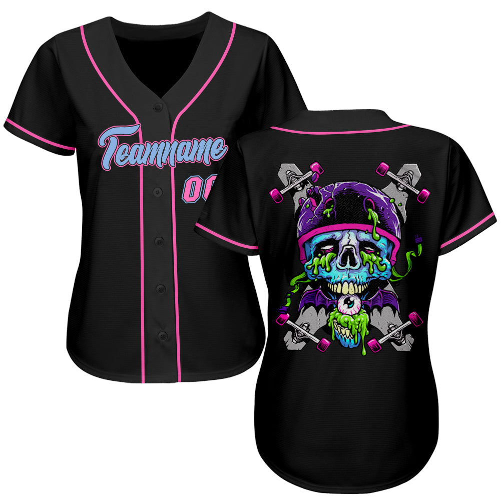 Custom Black Light Blue-Pink Authentic Skull Fashion Baseball Jersey view 2