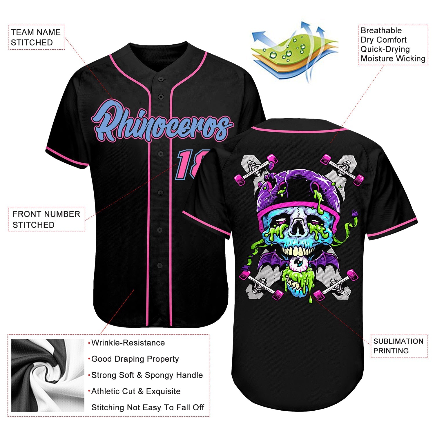Custom Black Light Blue-Pink Authentic Skull Fashion Baseball Jersey view 3