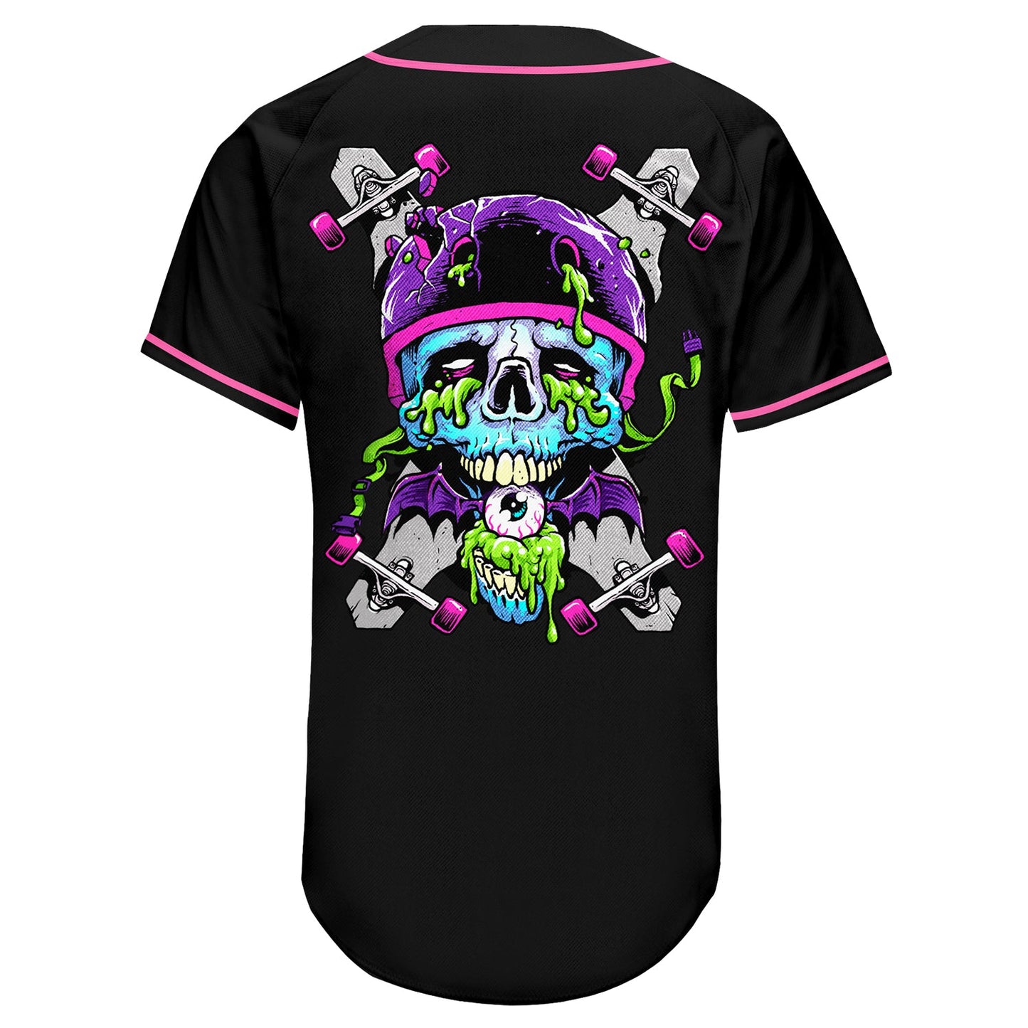 Custom Black Light Blue-Pink Authentic Skull Fashion Baseball Jersey view 5