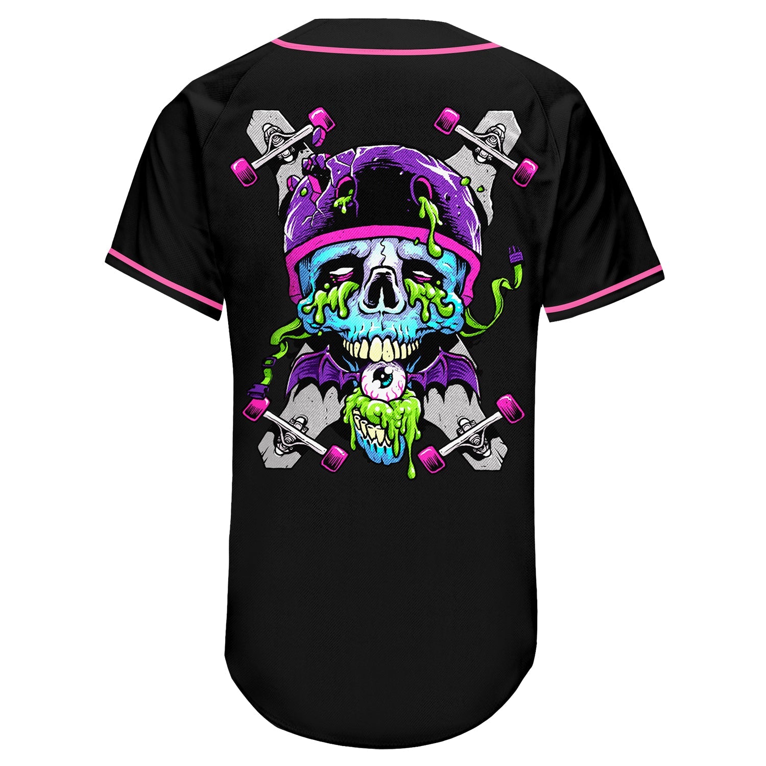 Custom Black Light Blue-Pink Authentic Skull Fashion Baseball Jersey view 5