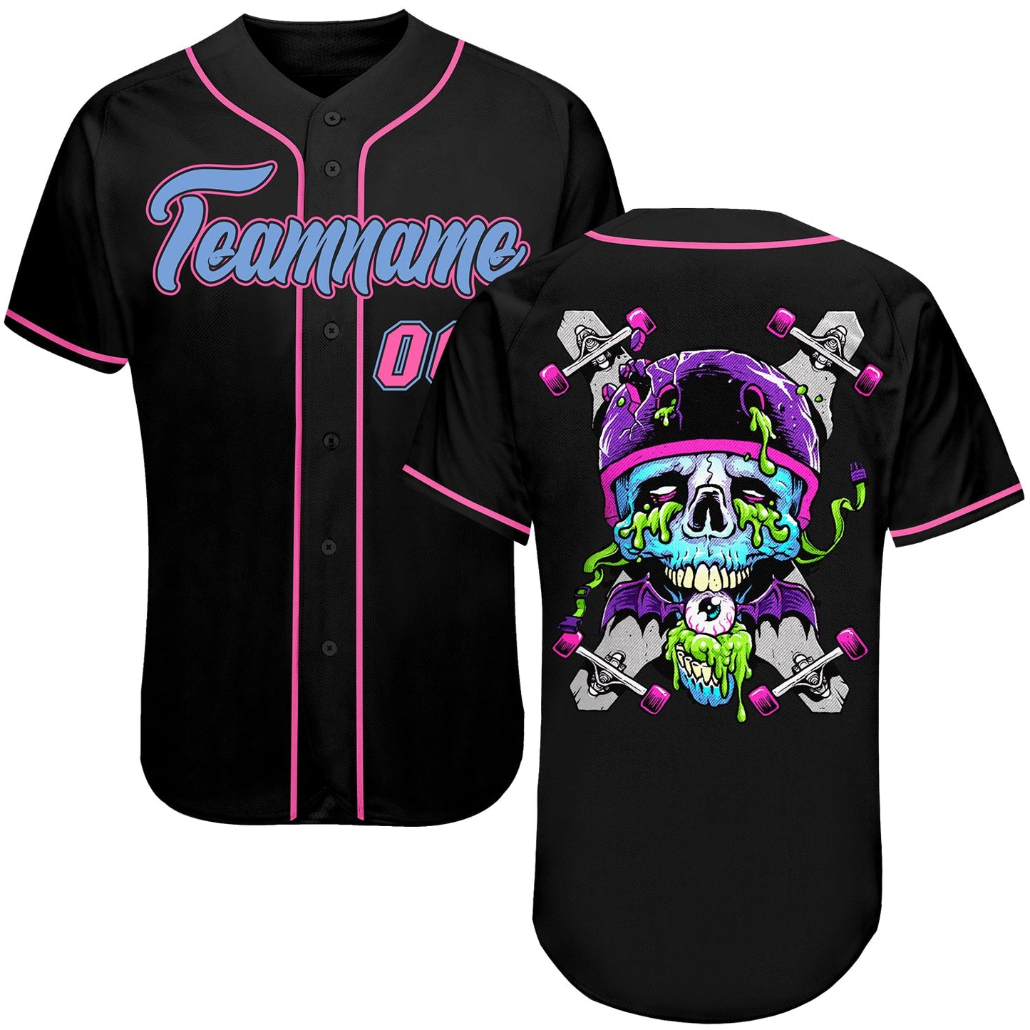 Custom Black Light Blue-Pink Authentic Skull Fashion Baseball Jersey - Main View