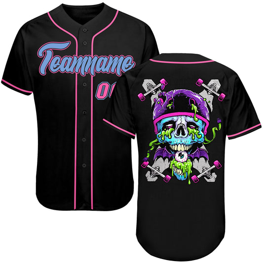Custom Black Light Blue-Pink Authentic Skull Fashion Baseball Jersey - Main View