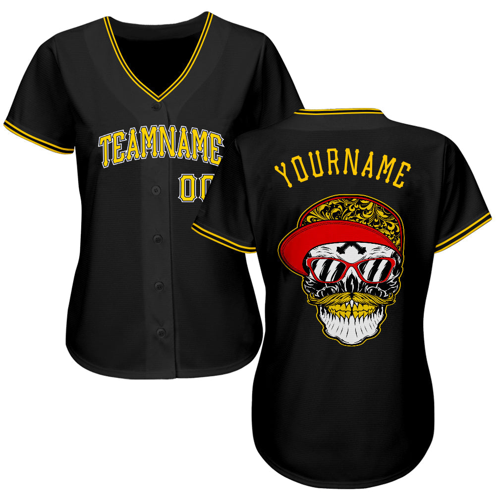 Custom Black Gold-White Authentic Skull Fashion Baseball Jersey view 2