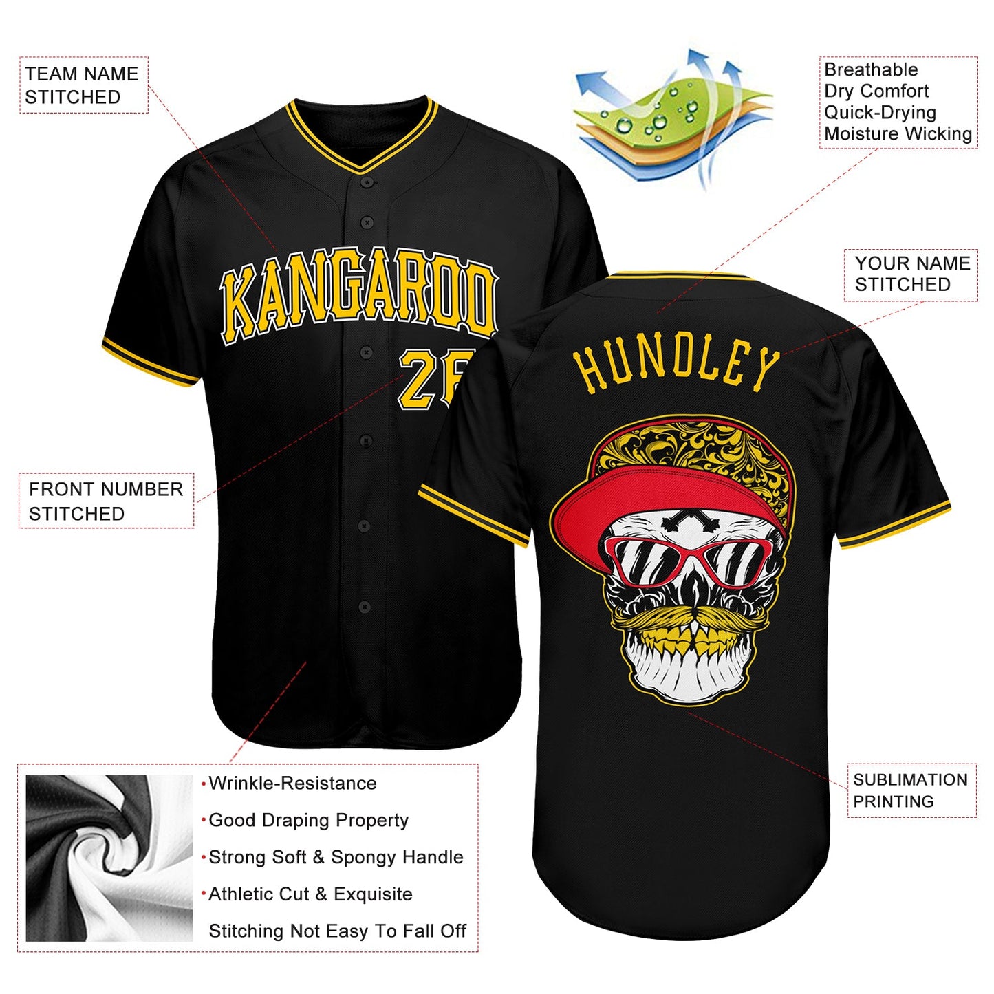 Custom Black Gold-White Authentic Skull Fashion Baseball Jersey view 3