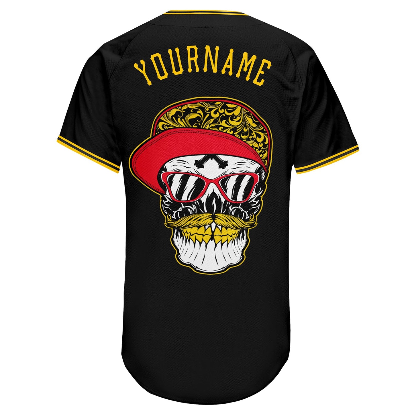 Custom Black Gold-White Authentic Skull Fashion Baseball Jersey view 6