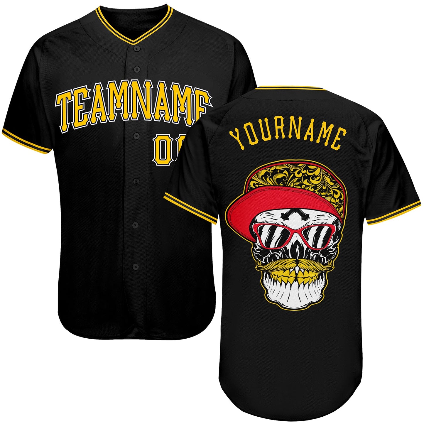 Custom Black Gold-White Authentic Skull Fashion Baseball Jersey - Main View