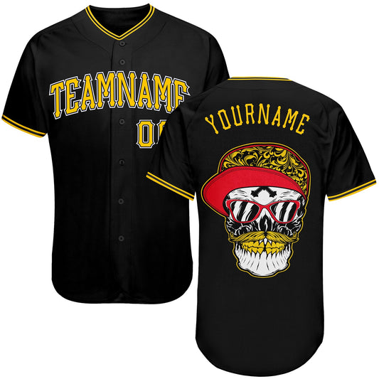 Custom Black Gold-White Authentic Skull Fashion Baseball Jersey - Main View