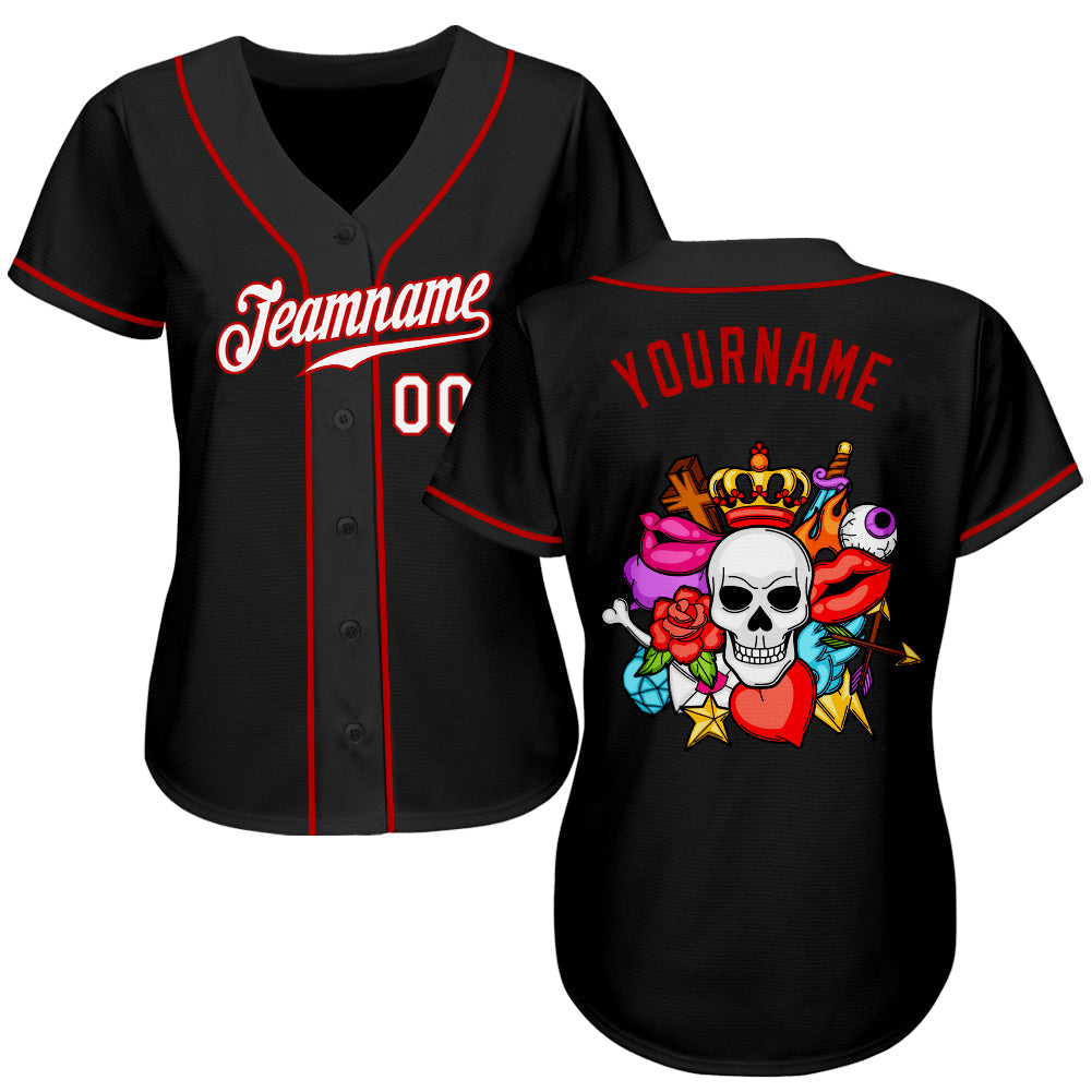 Custom Black White-Red Authentic Skull Fashion Baseball Jersey view 2