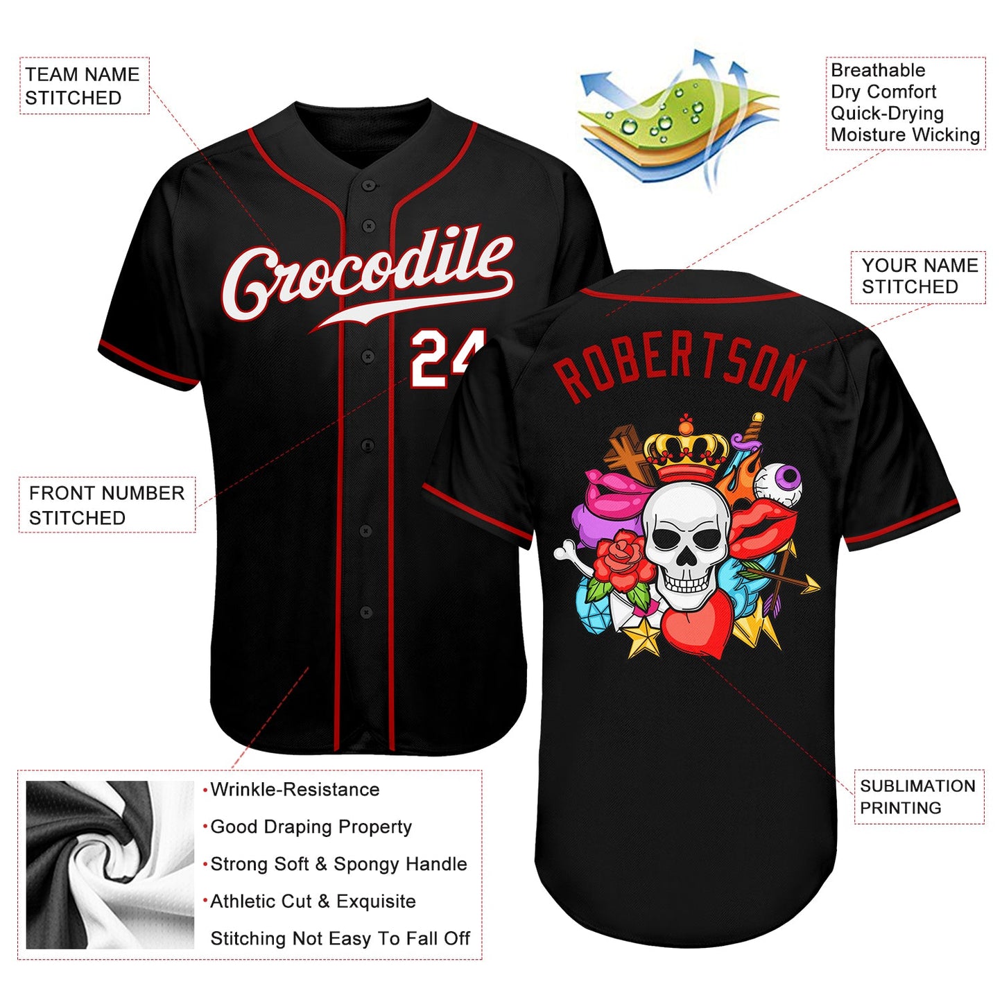 Custom Black White-Red Authentic Skull Fashion Baseball Jersey view 3