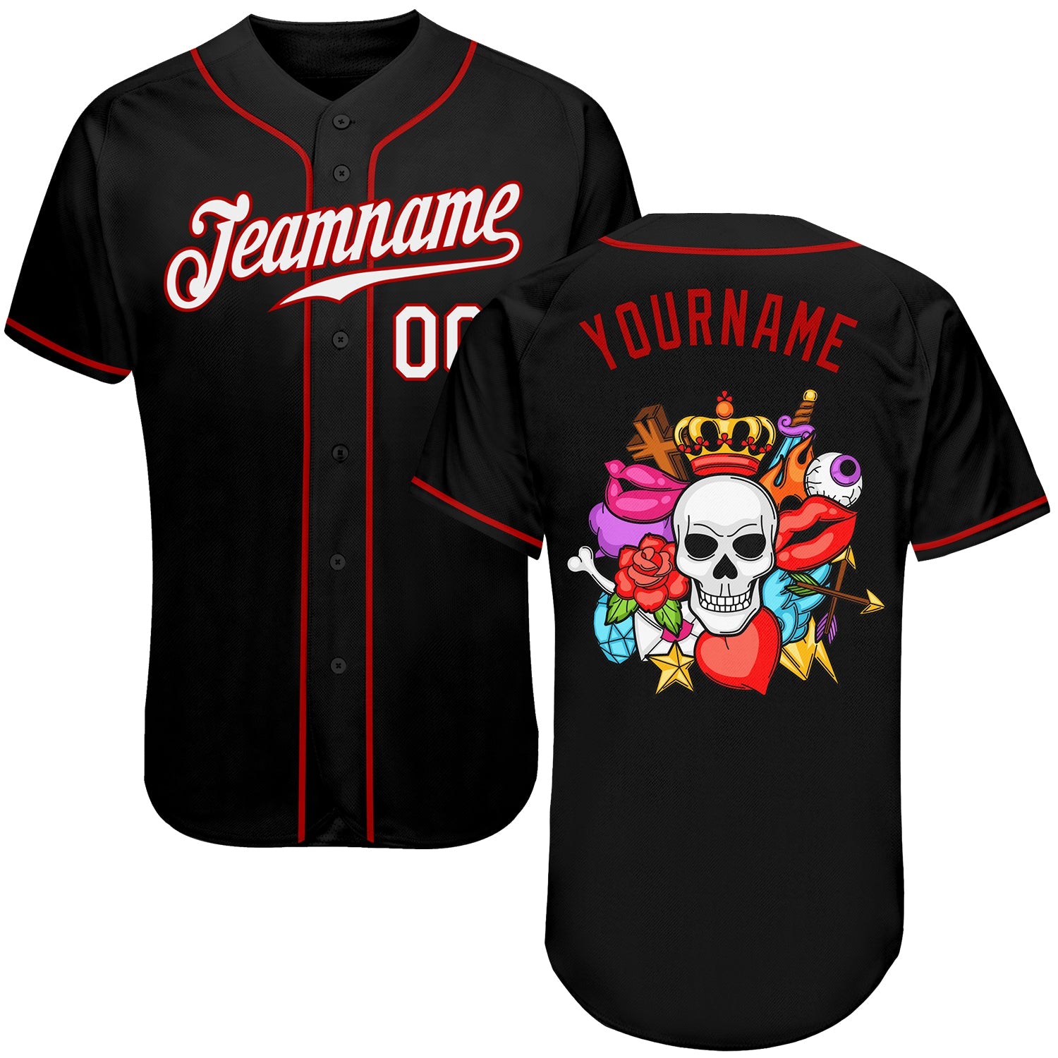 Custom Black White-Red Authentic Skull Fashion Baseball Jersey - Main View