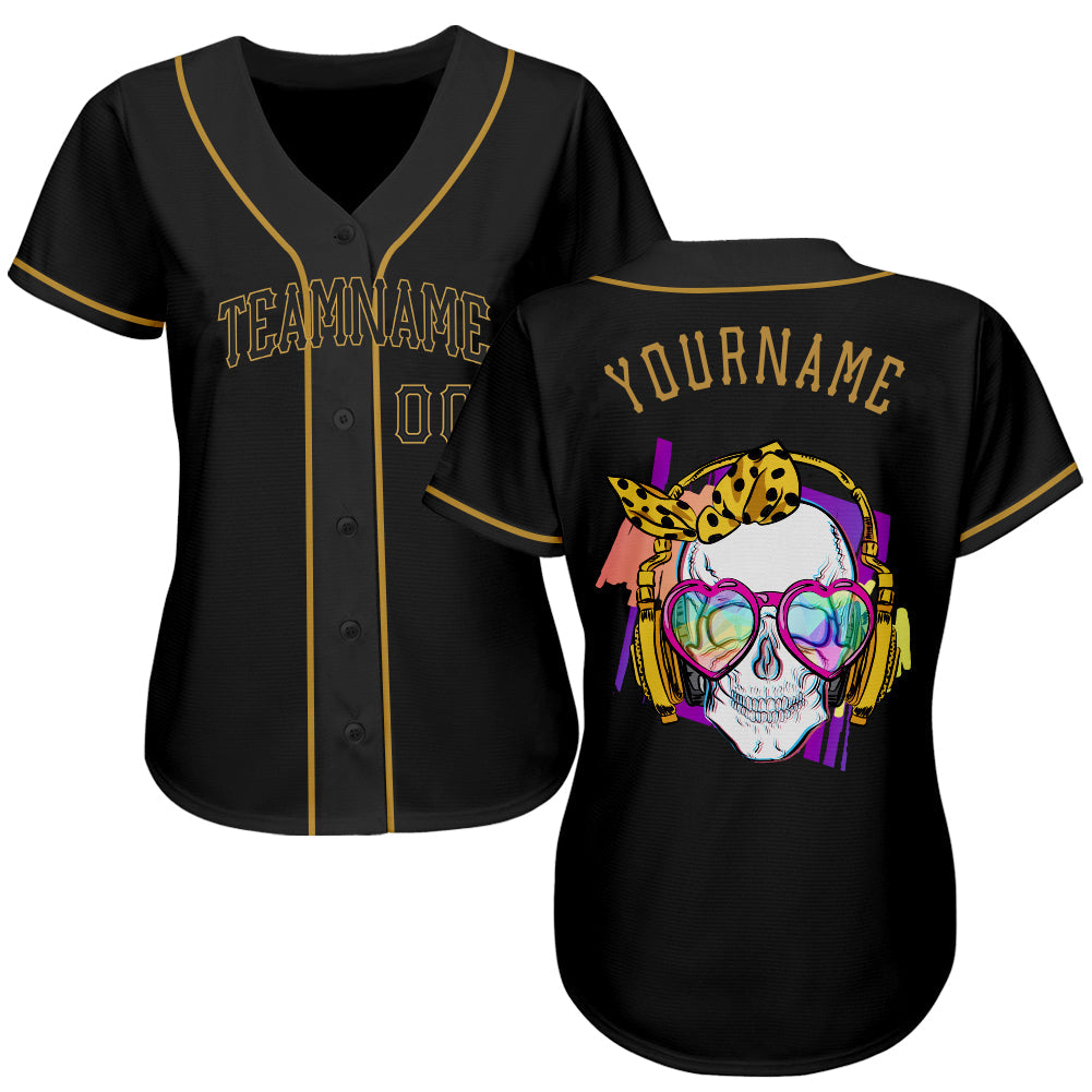 Custom Black Black-Old Gold Authentic Skull Fashion Baseball Jersey view 2