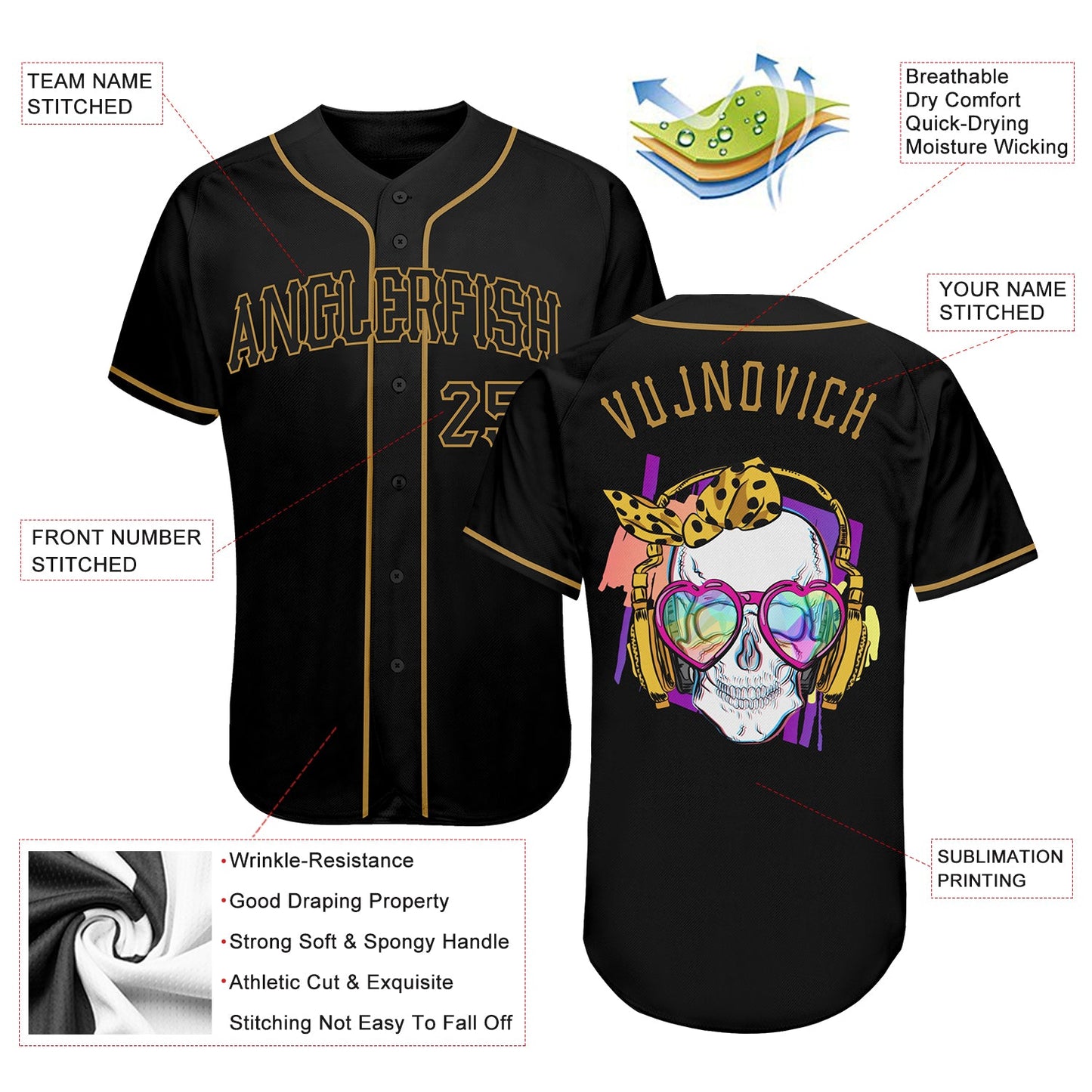 Custom Black Black-Old Gold Authentic Skull Fashion Baseball Jersey view 3