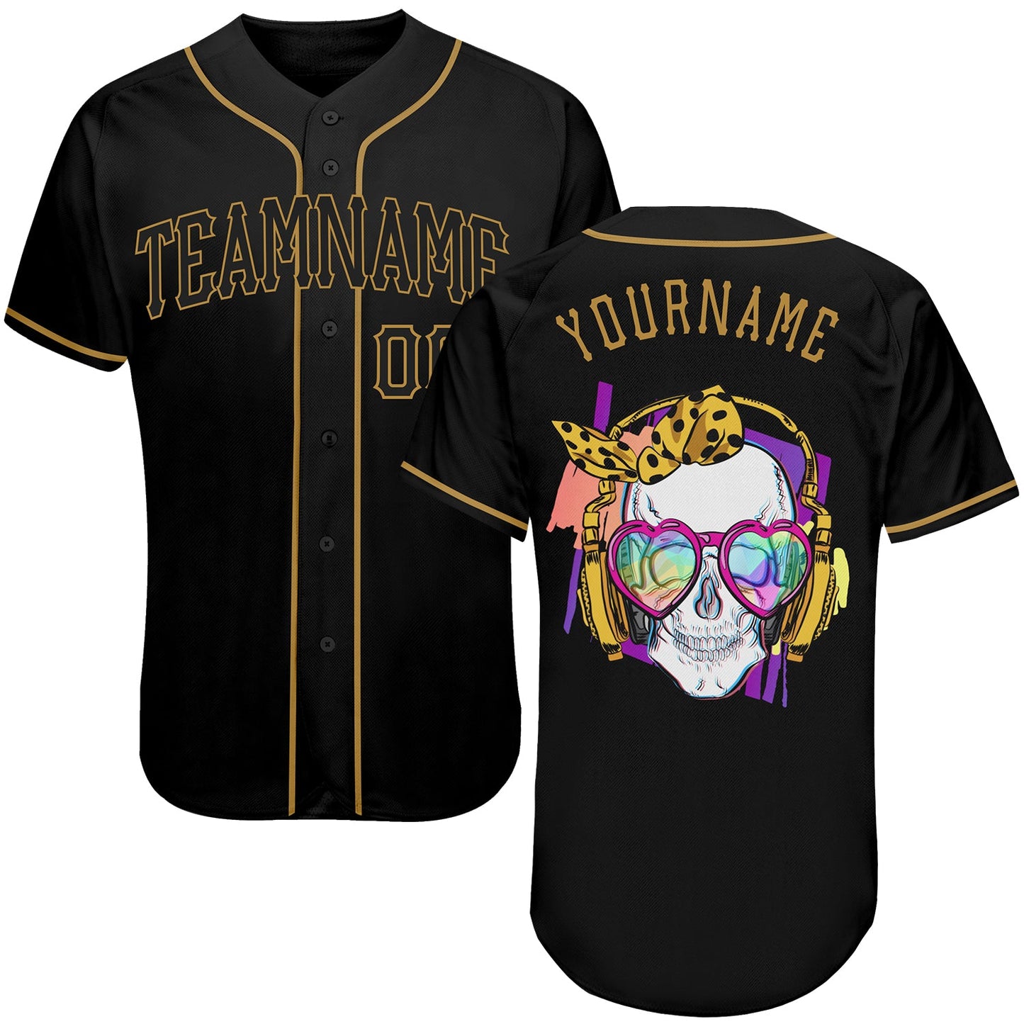 Custom Black Black-Old Gold Authentic Skull Fashion Baseball Jersey - Main View