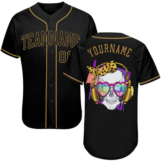 Custom Black Black-Old Gold Authentic Skull Fashion Baseball Jersey - Main View