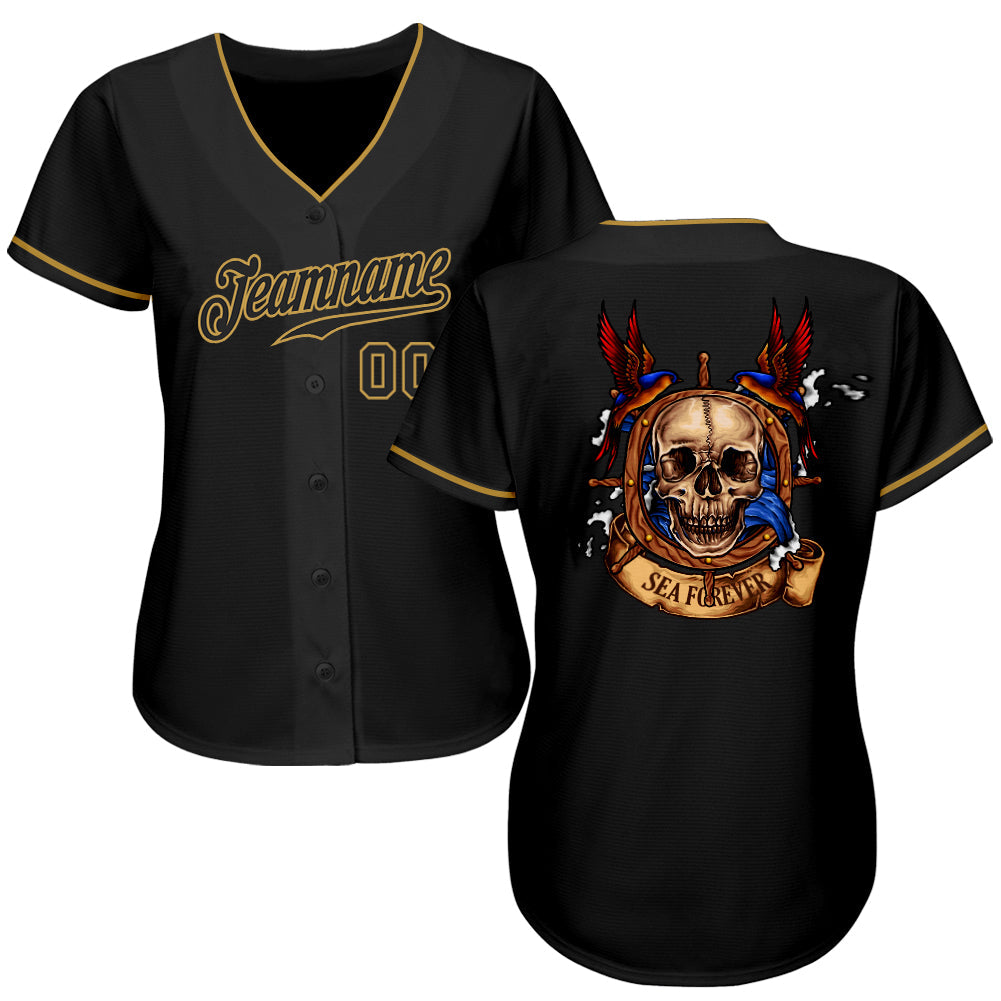Custom Black Black-Old Gold Authentic Skull Fashion Baseball Jersey view 2