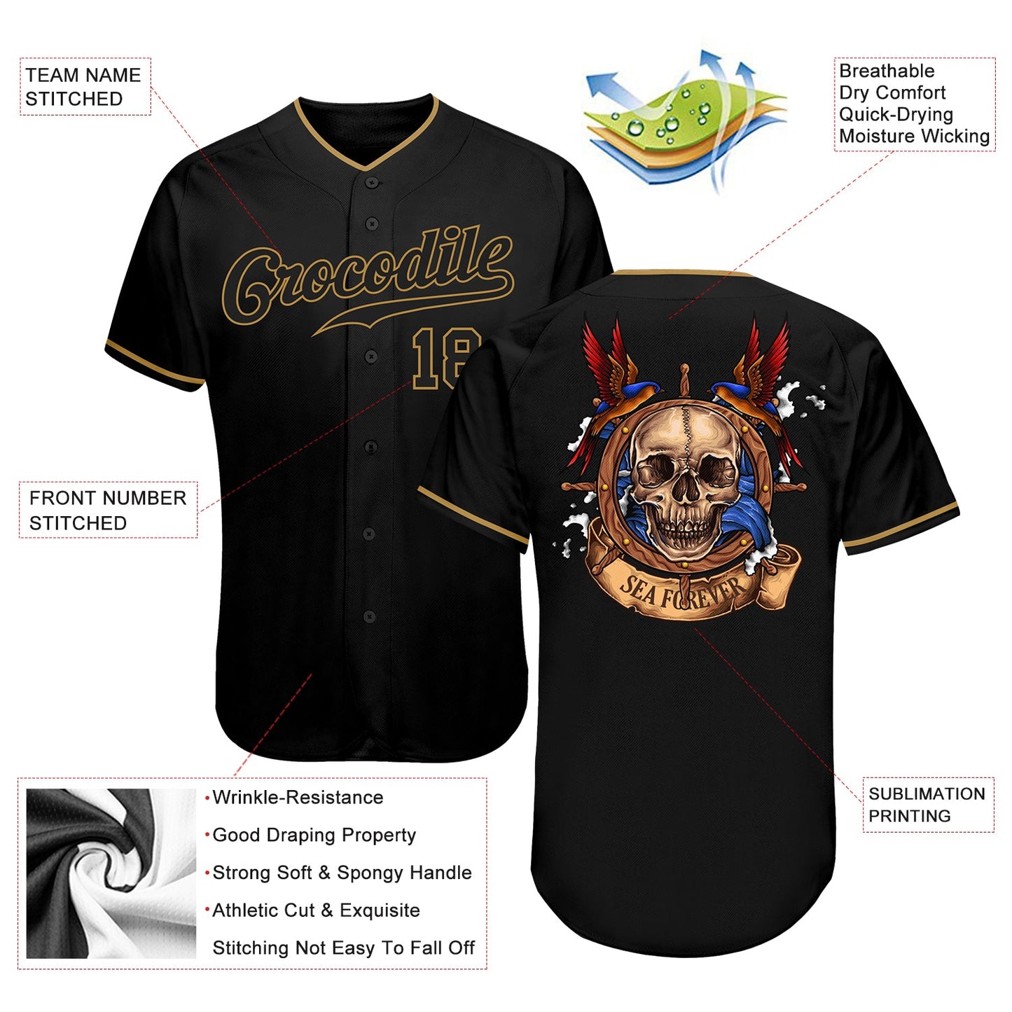 Custom Black Black-Old Gold Authentic Skull Fashion Baseball Jersey view 3