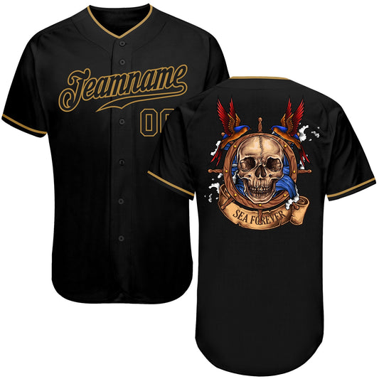 Custom Black Black-Old Gold Authentic Skull Fashion Baseball Jersey - Main View