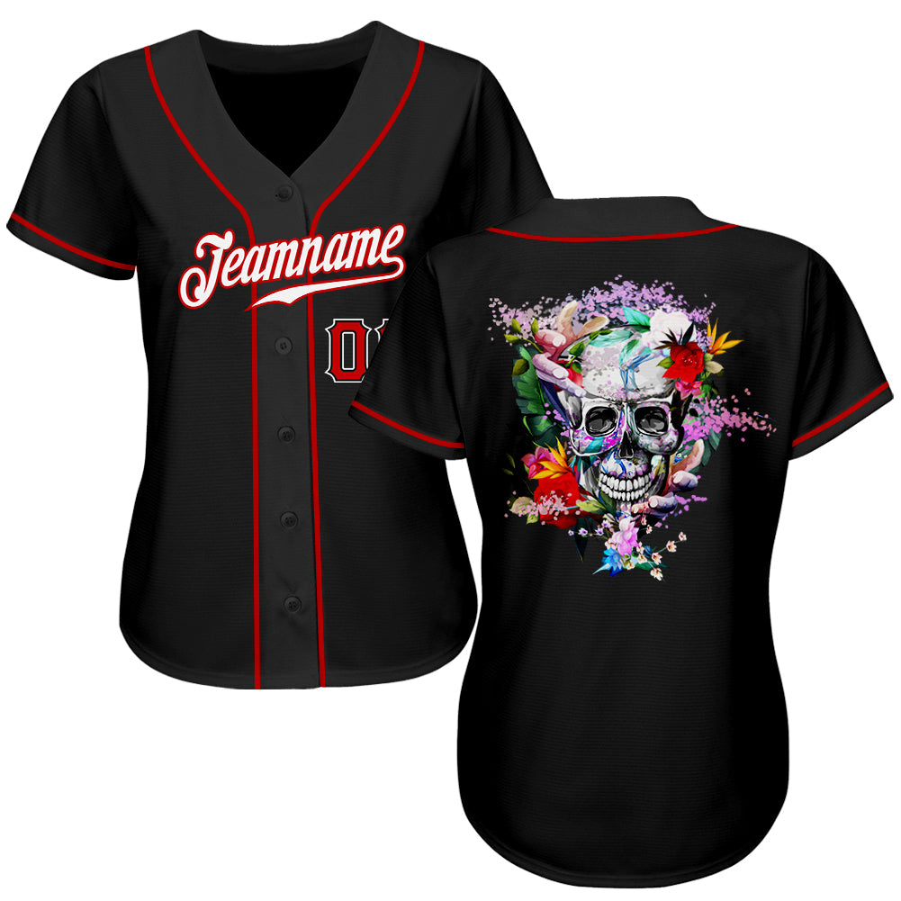 Custom Black White-Red Authentic Skull Fashion Baseball Jersey view 2