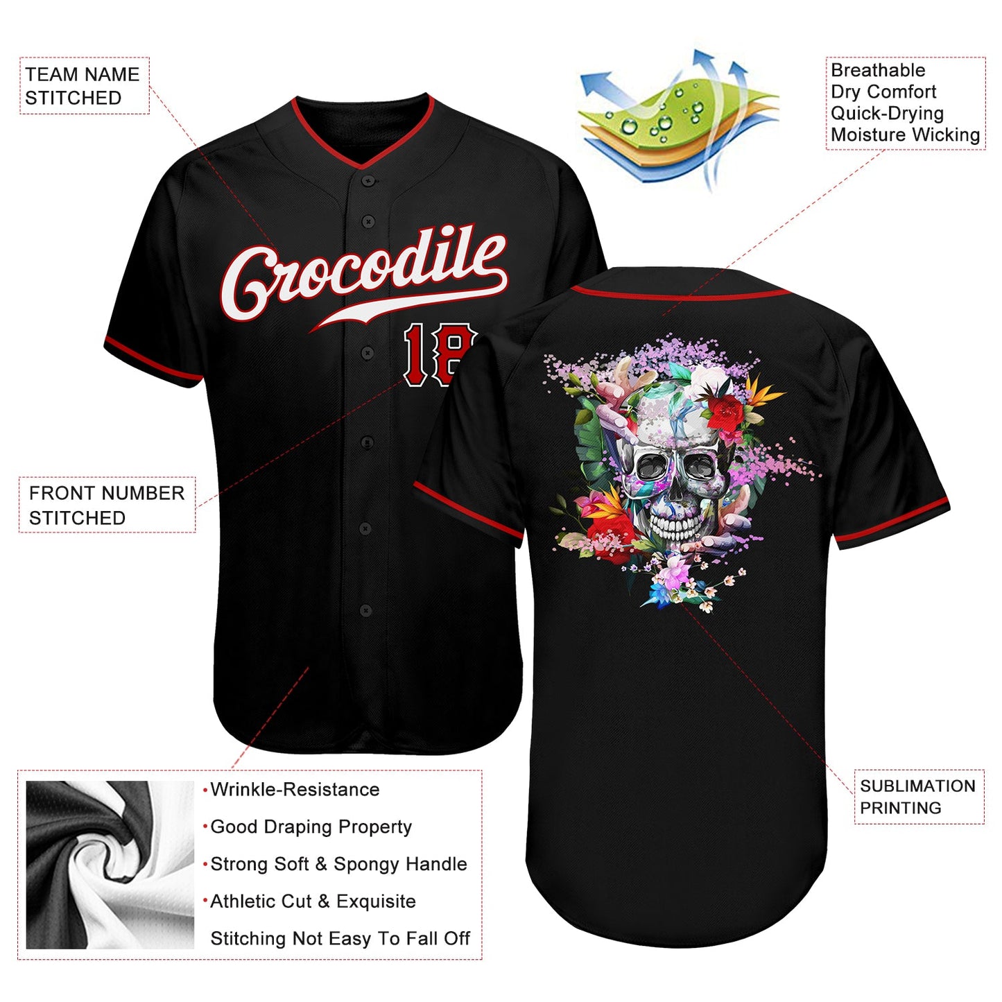 Custom Black White-Red Authentic Skull Fashion Baseball Jersey view 3