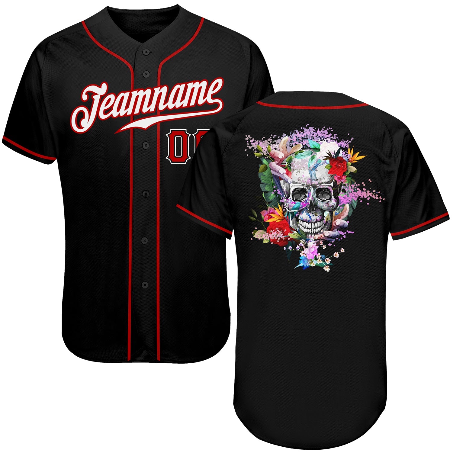 Custom Black White-Red Authentic Skull Fashion Baseball Jersey - Main View