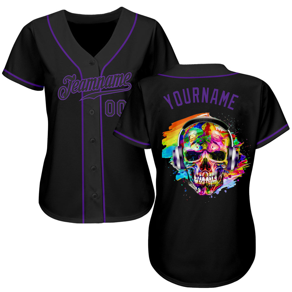 Custom Black Black-Purple Authentic Skull Fashion Baseball Jersey view 2
