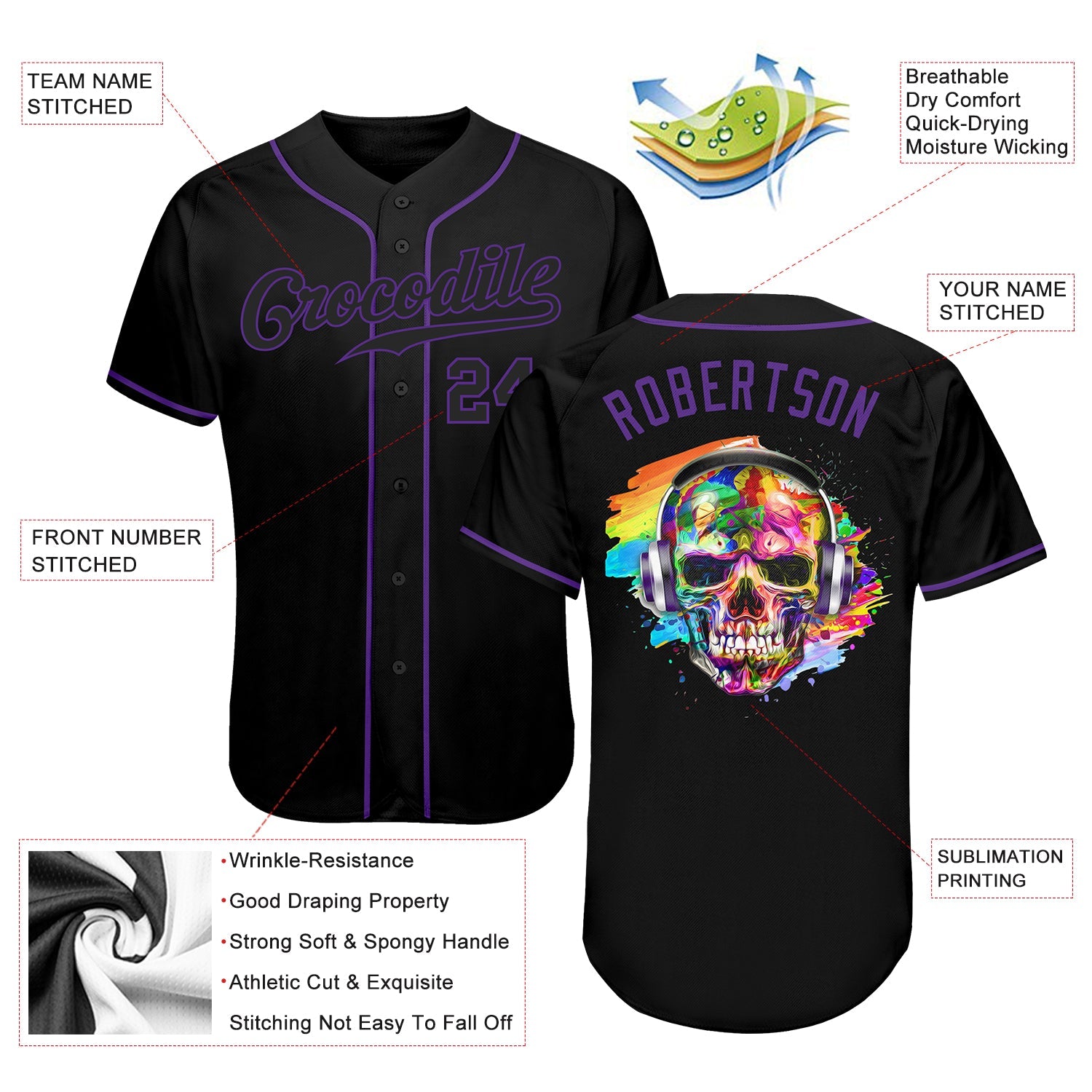 Custom Black Black-Purple Authentic Skull Fashion Baseball Jersey view 3