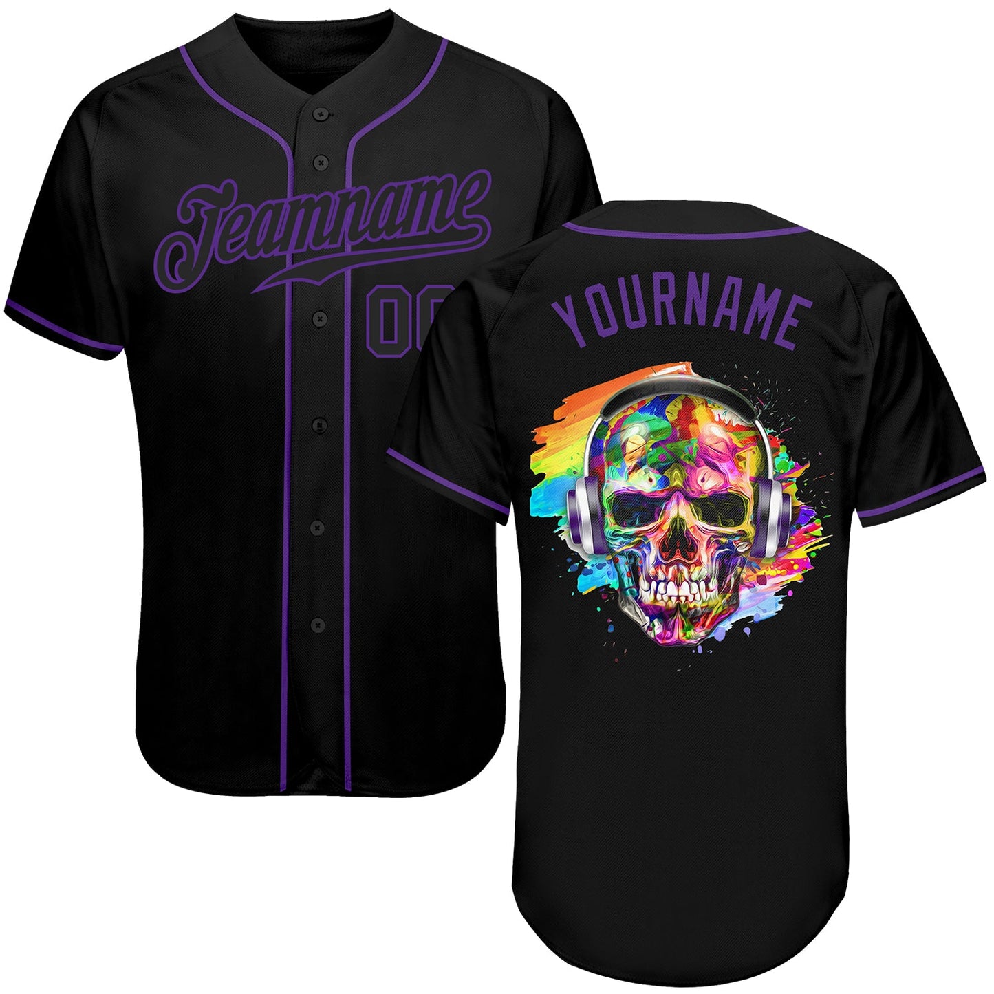 Custom Black Black-Purple Authentic Skull Fashion Baseball Jersey - Main View