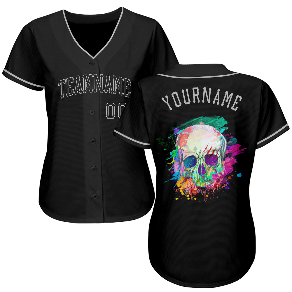 Custom Black Black-Gray Authentic Skull Fashion Baseball Jersey view 2