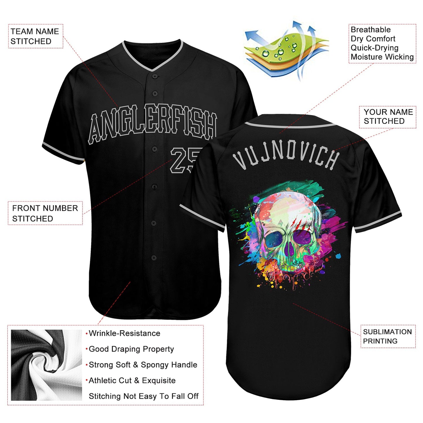 Custom Black Black-Gray Authentic Skull Fashion Baseball Jersey view 3