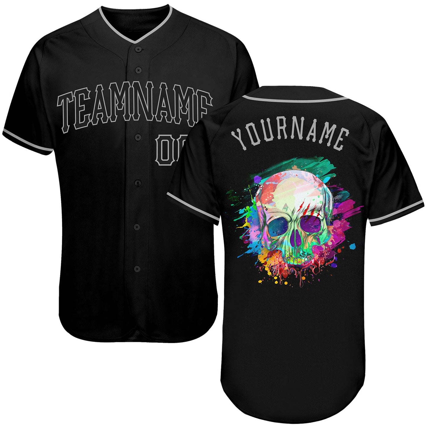 Custom Black Black-Gray Authentic Skull Fashion Baseball Jersey - Main View