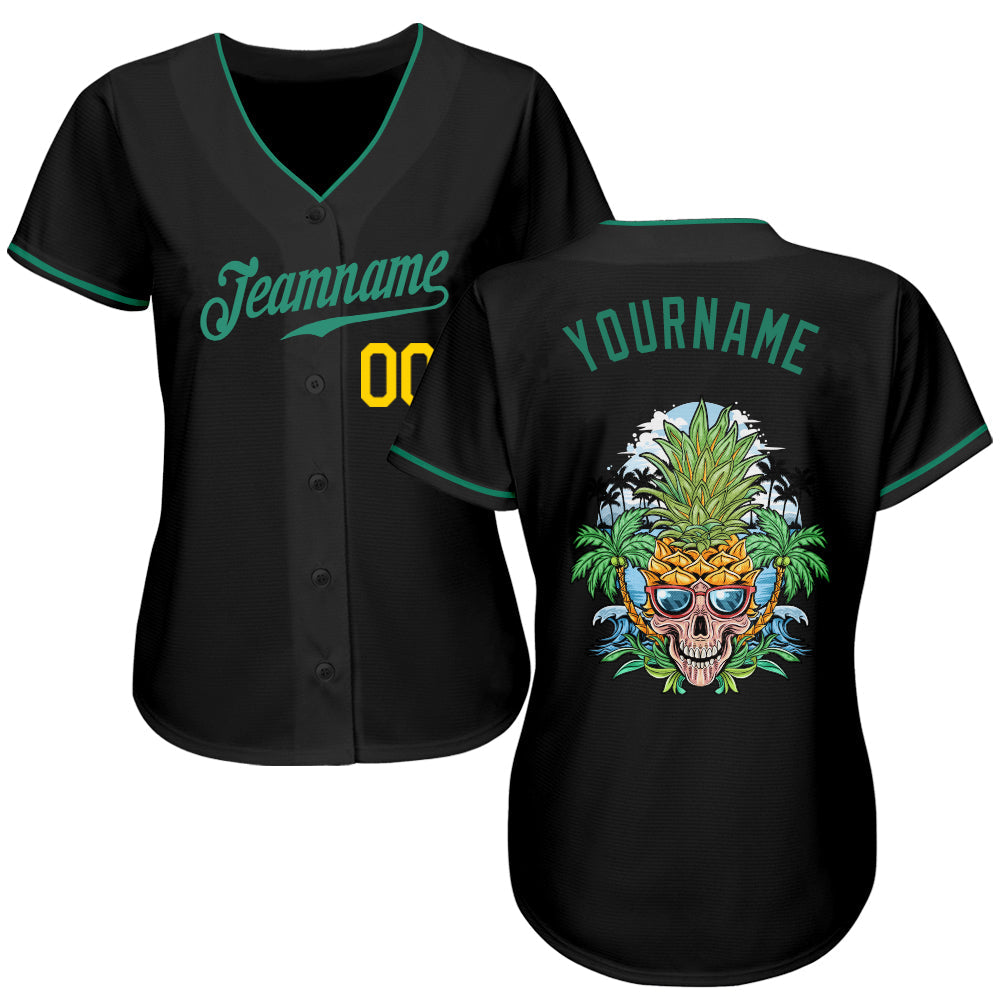 Custom Black Kelly Green-Gold Authentic Skull Pineapple Head Baseball Jersey view 3