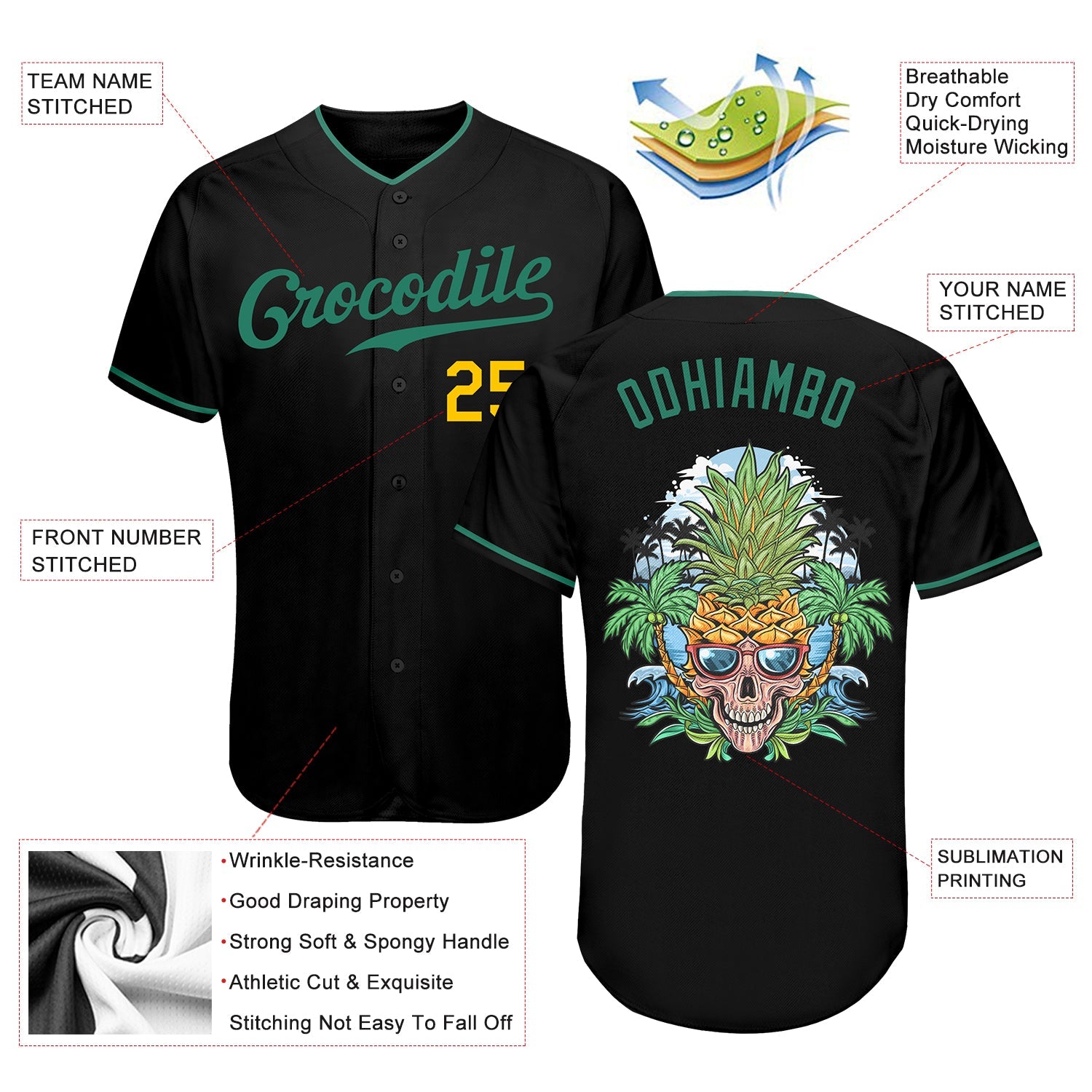 Custom Black Kelly Green-Gold Authentic Skull Pineapple Head Baseball Jersey view 4