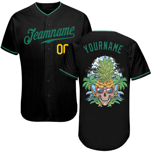 Custom Black Kelly Green-Gold Authentic Skull Pineapple Head Baseball Jersey - Main View